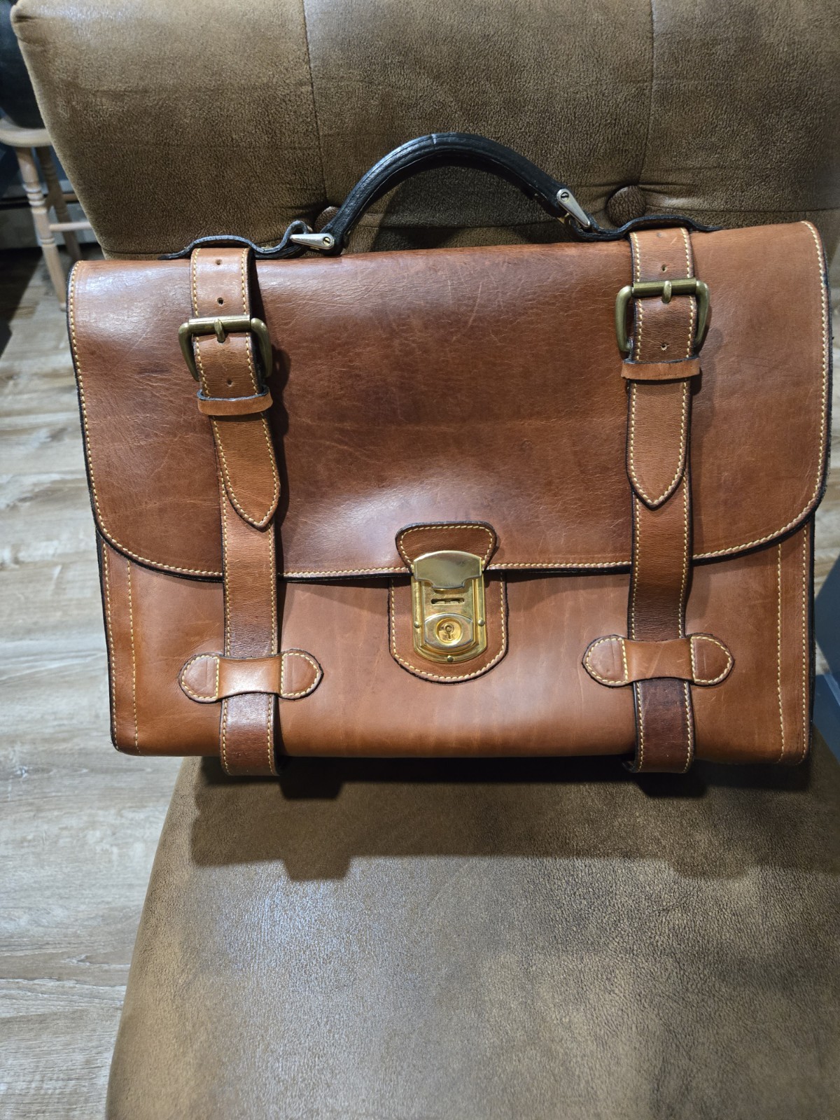 Vintage HOLLAND Brown Leather Field Satchel / Briefcase Handmade USA