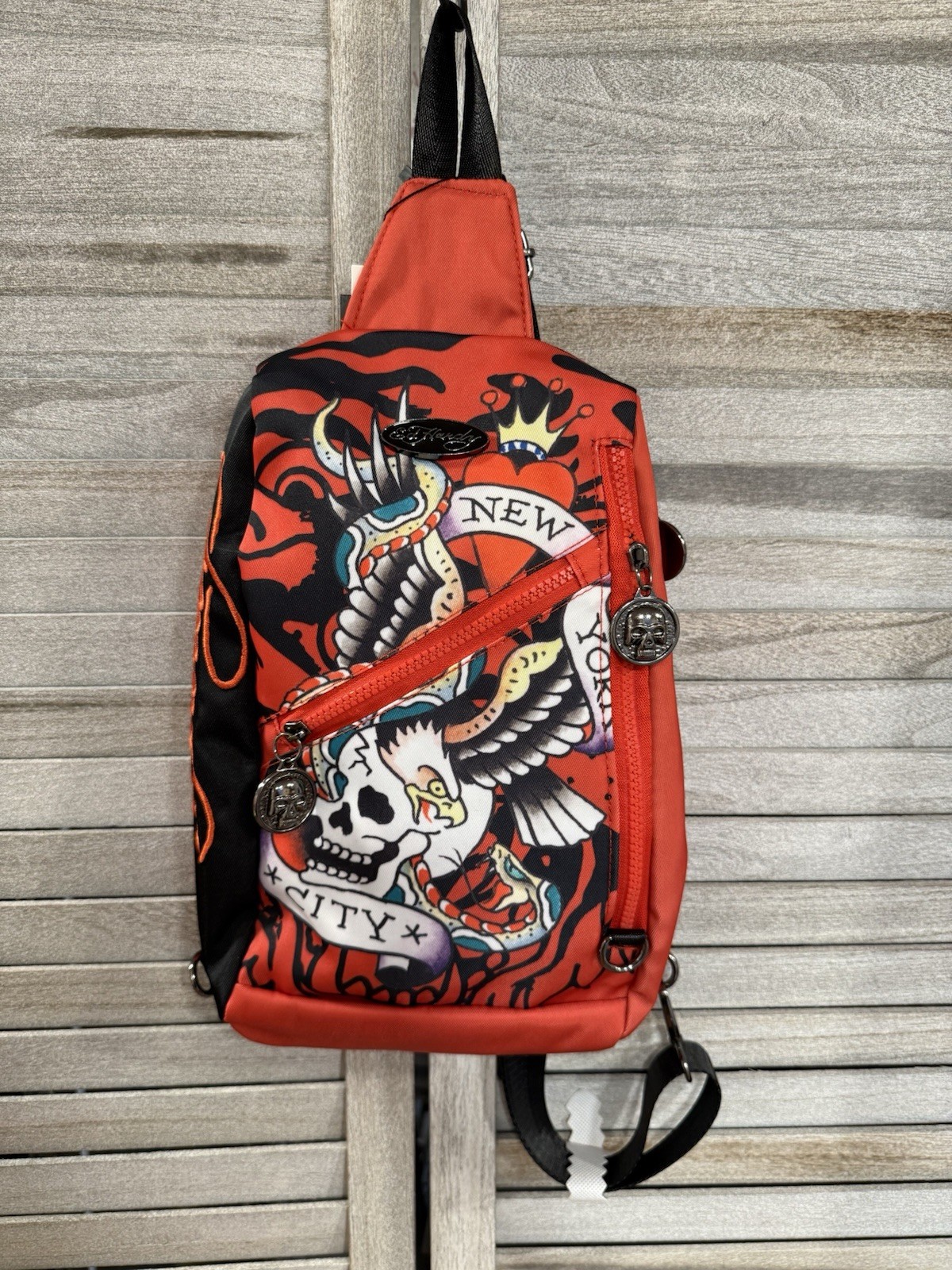 Ed Hardy Red Graphic Print Skull Eagle Crossbody Sling Bag, Medium, Zip, Pockets