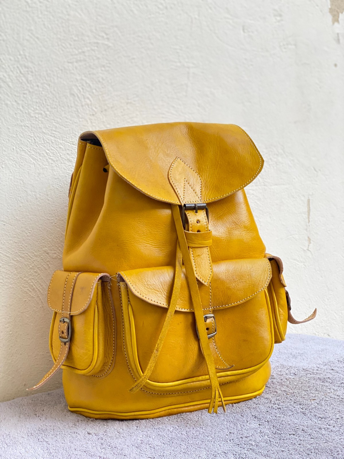 Yellow Leather Backpack Handmade Morocco Belt Buckle Front Back Pocket