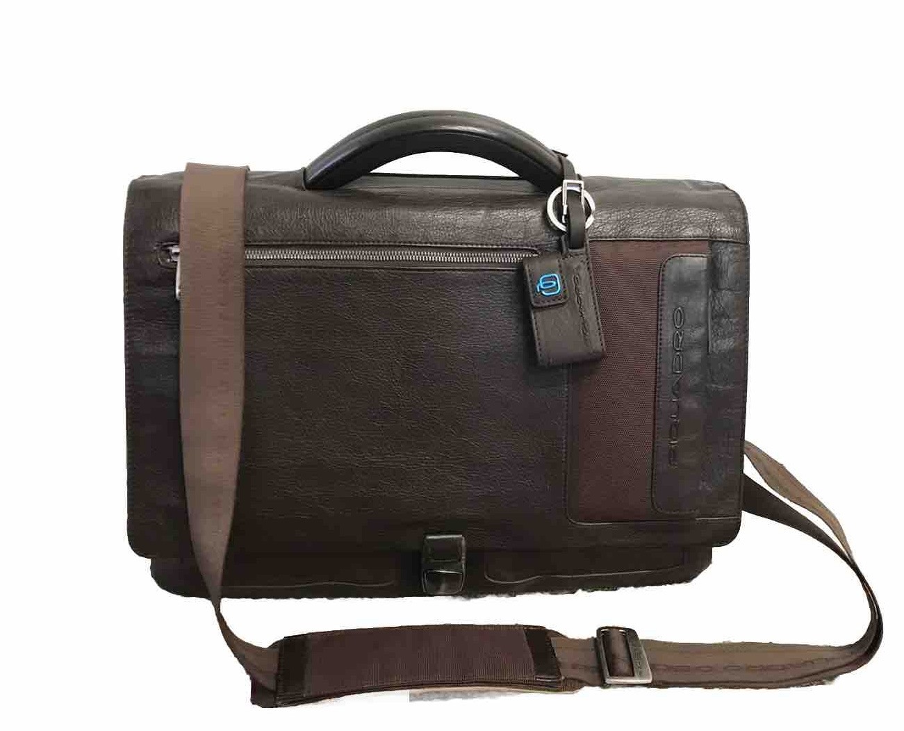 Piquadro Laptop Messenger Bag Brown Leather Fabric DZ8344 Expandable 16x12x5