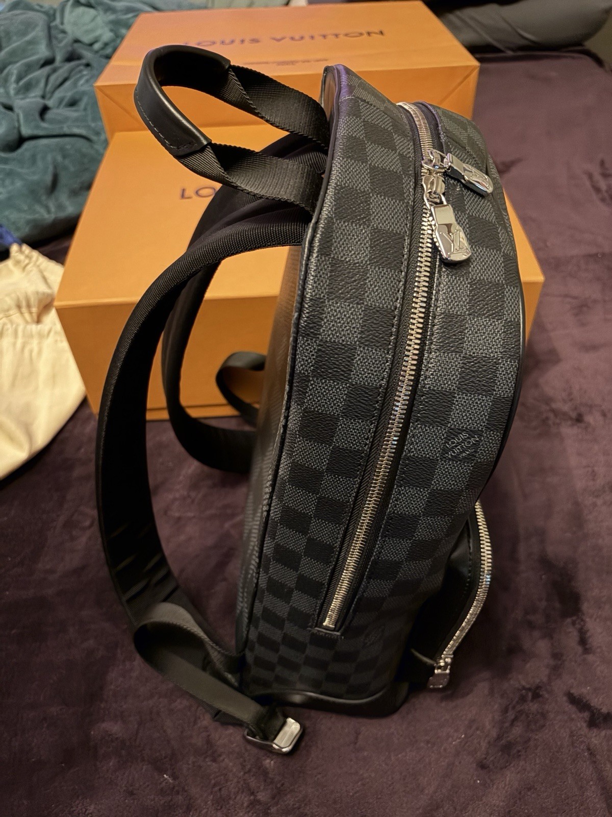 Louis Vuitton Damier Graphite Checkered Backpack Black Gray Zip Top Handle