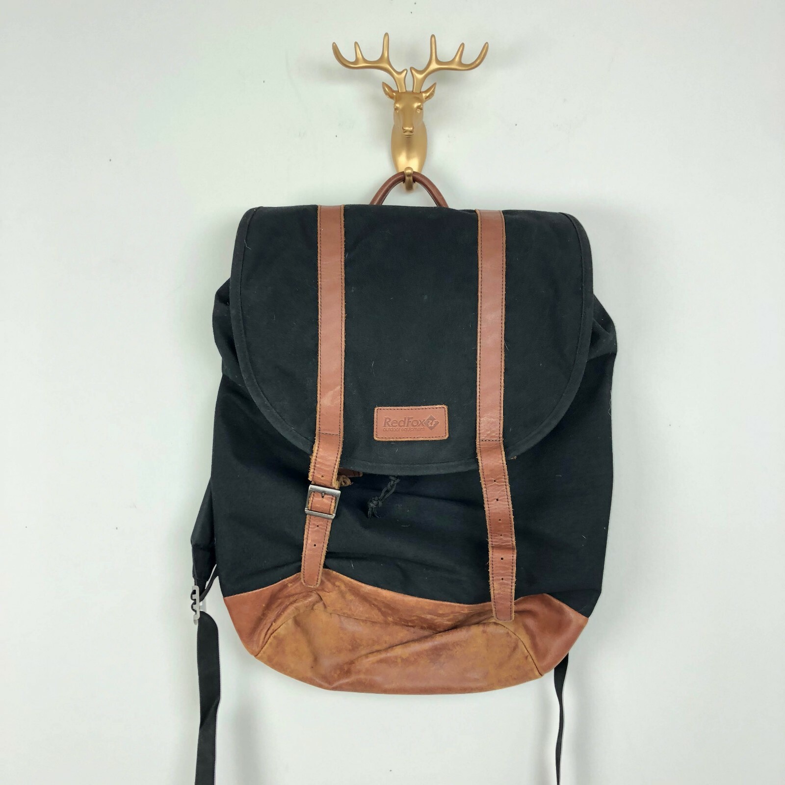 Red Fox Outdoor Equipment Backpack Black Canvas Brown Leather Vintage Style