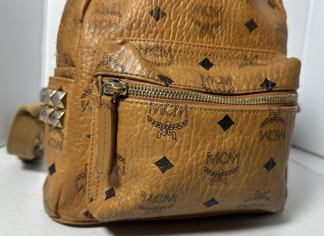 MCM Visetos Side Studs Small Backpack Camel Brown Leather Logo Studded Bag
