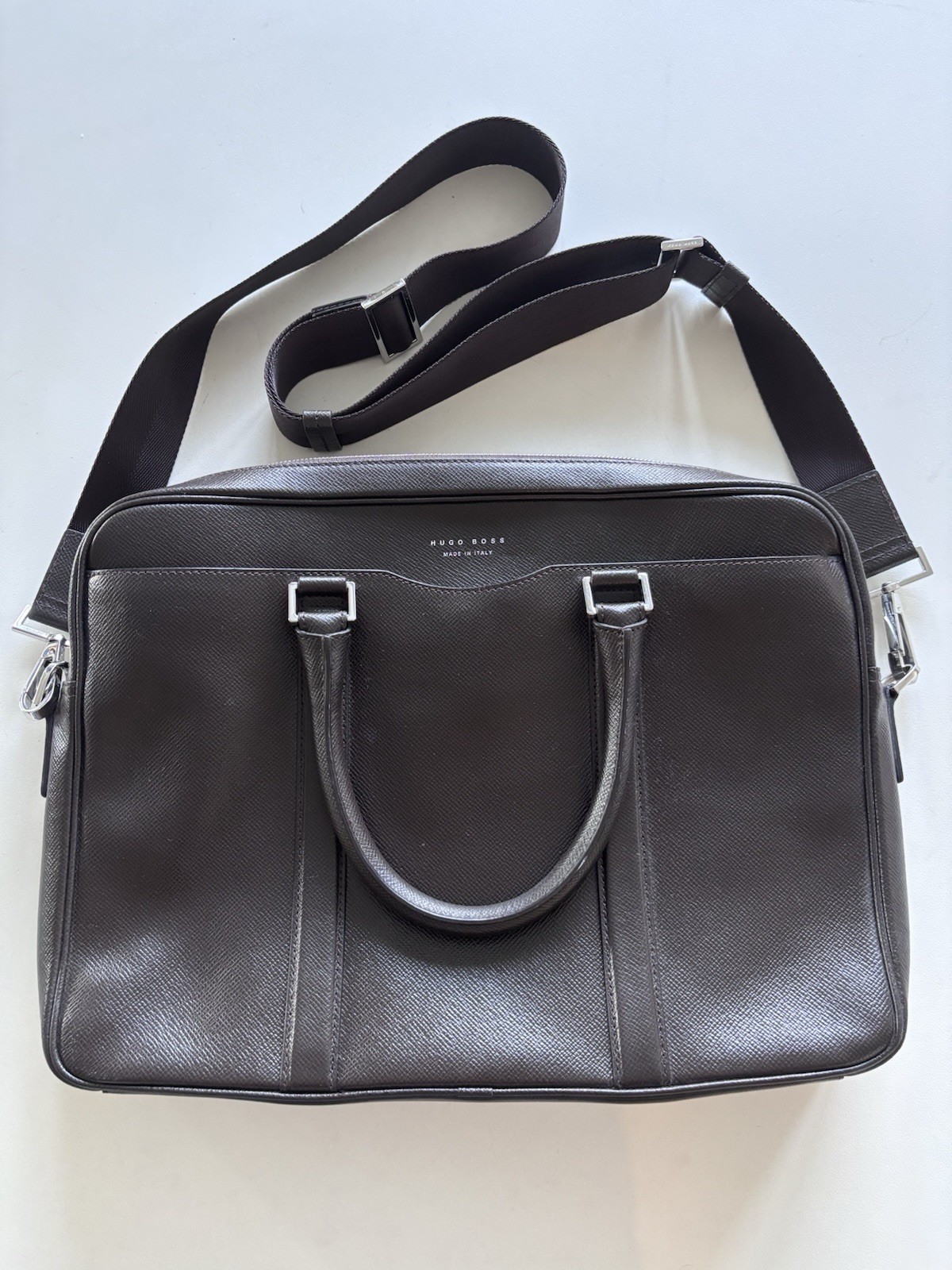 Hugo Boss Men’s Black Embossed Leather Crossbody Stap Signature Briefcase Bag