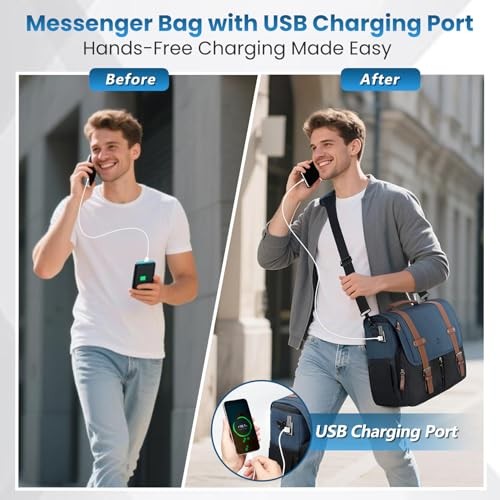 Messenger Bag for School with USB Charging Port, Large Crossbody Black-blue