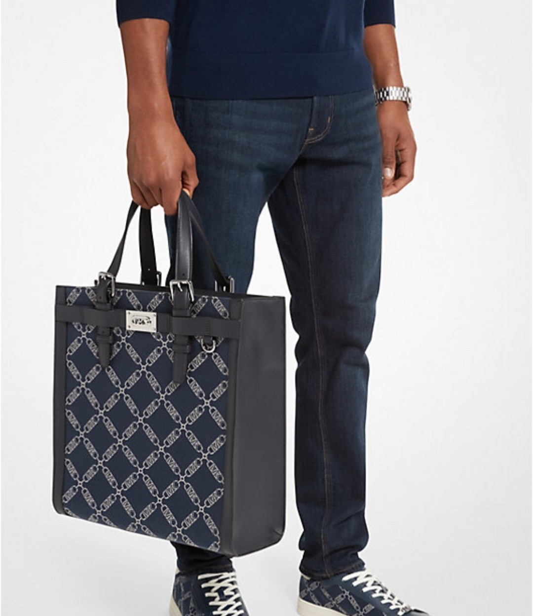Michael Kors Men’s Tote Bag Navy Black Silver Logo Canvas Leather Inner Pocket
