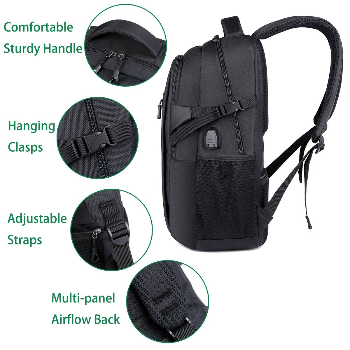 Mens Backpack Large Capacity USB Laptop Rucksack Work Travel School Bag Black
