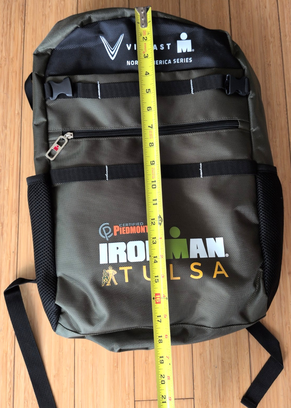 Ironman Tulsa Backpack Green Yellow Event Finisher Bag Padded Straps Zippered