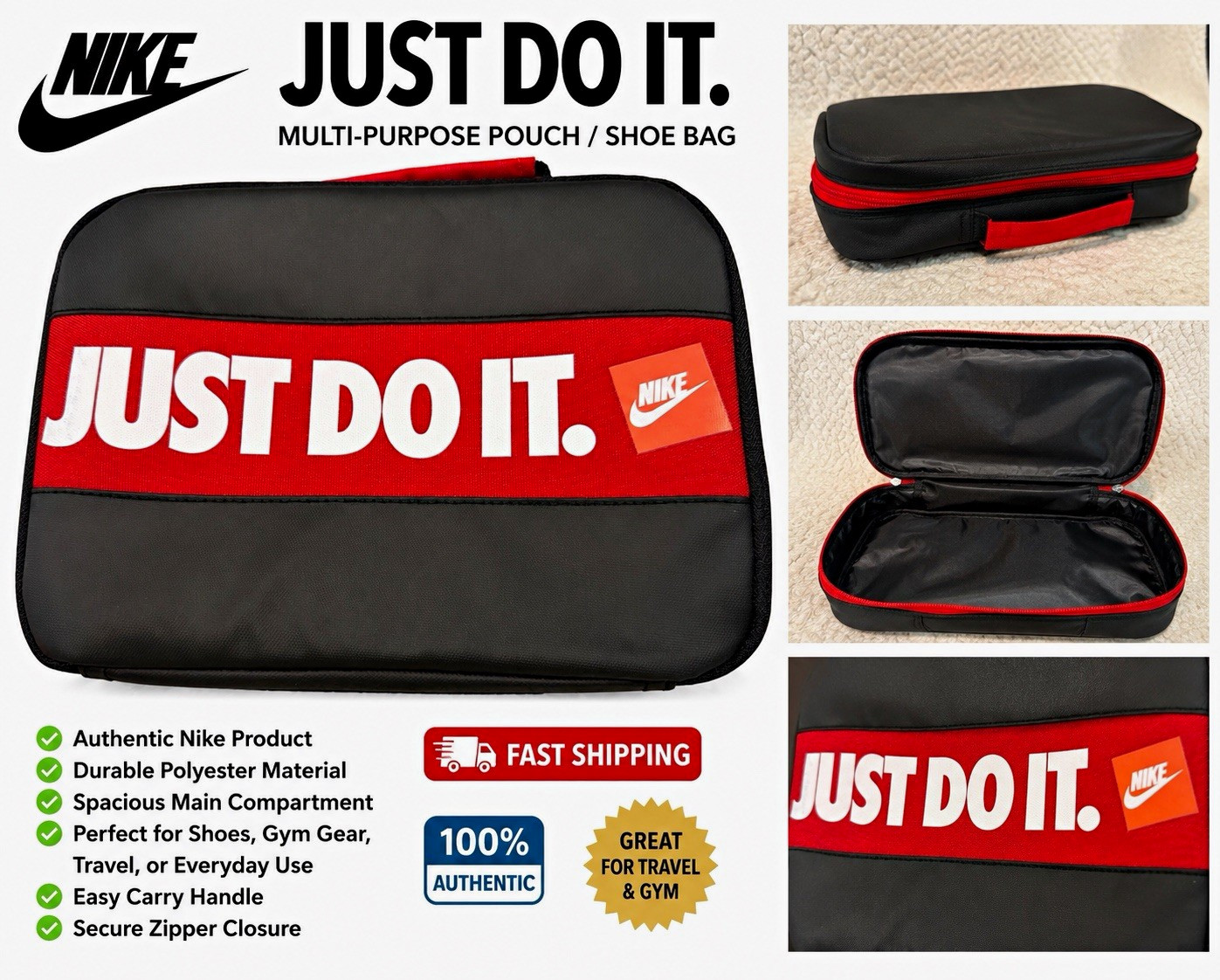 Nike Just Do It Logo Pouch Shoe Bag Black/Red Zip Top Handle