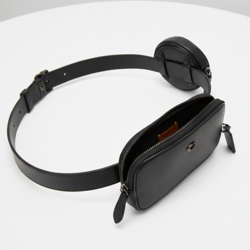 Coach CR749 Multi Pouch Black Leather Belt Bag Adjustable Removable