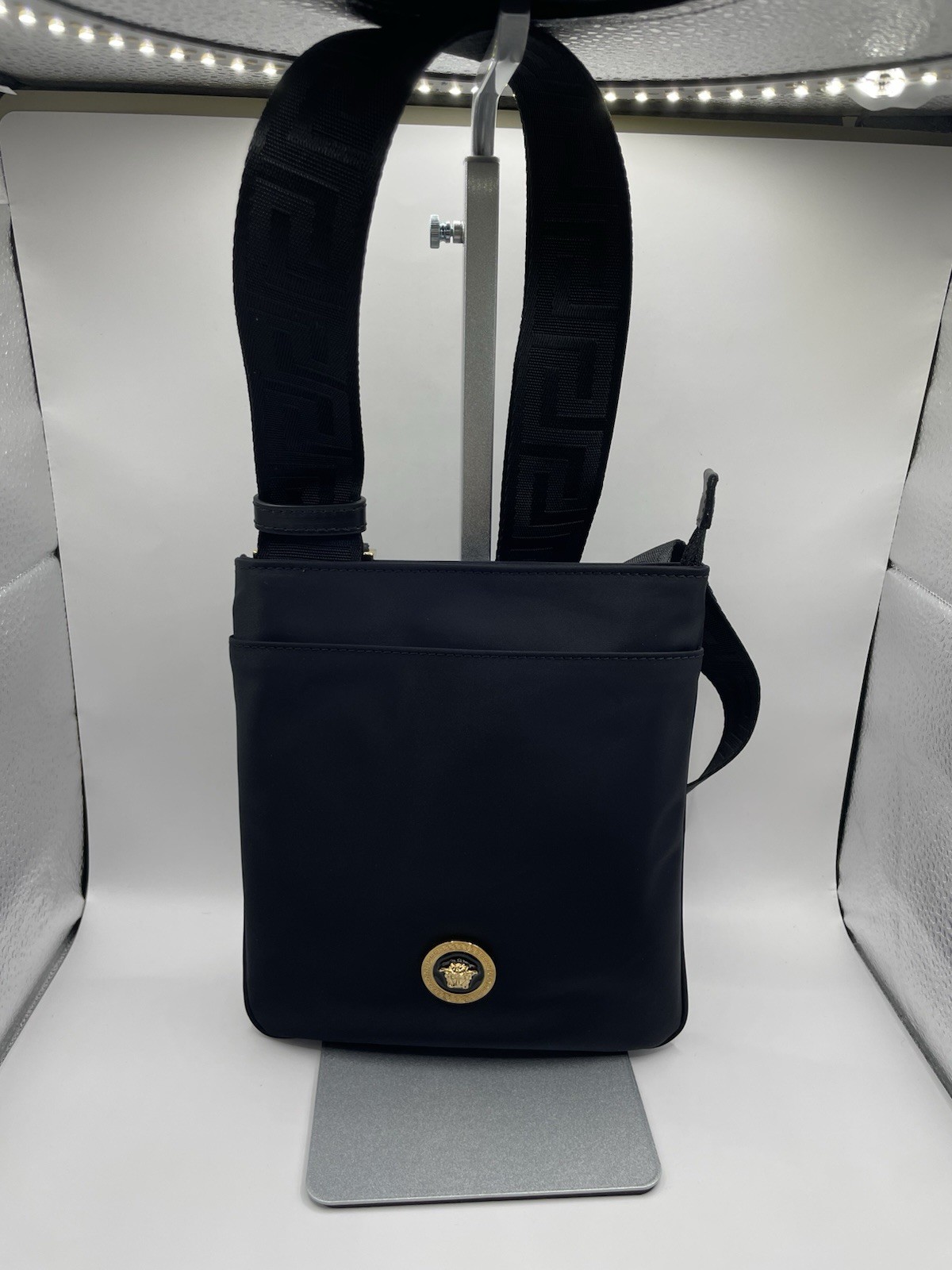 VERSACE Flat Crossbody Bag Fabric Calf Leather Black $850 Retail