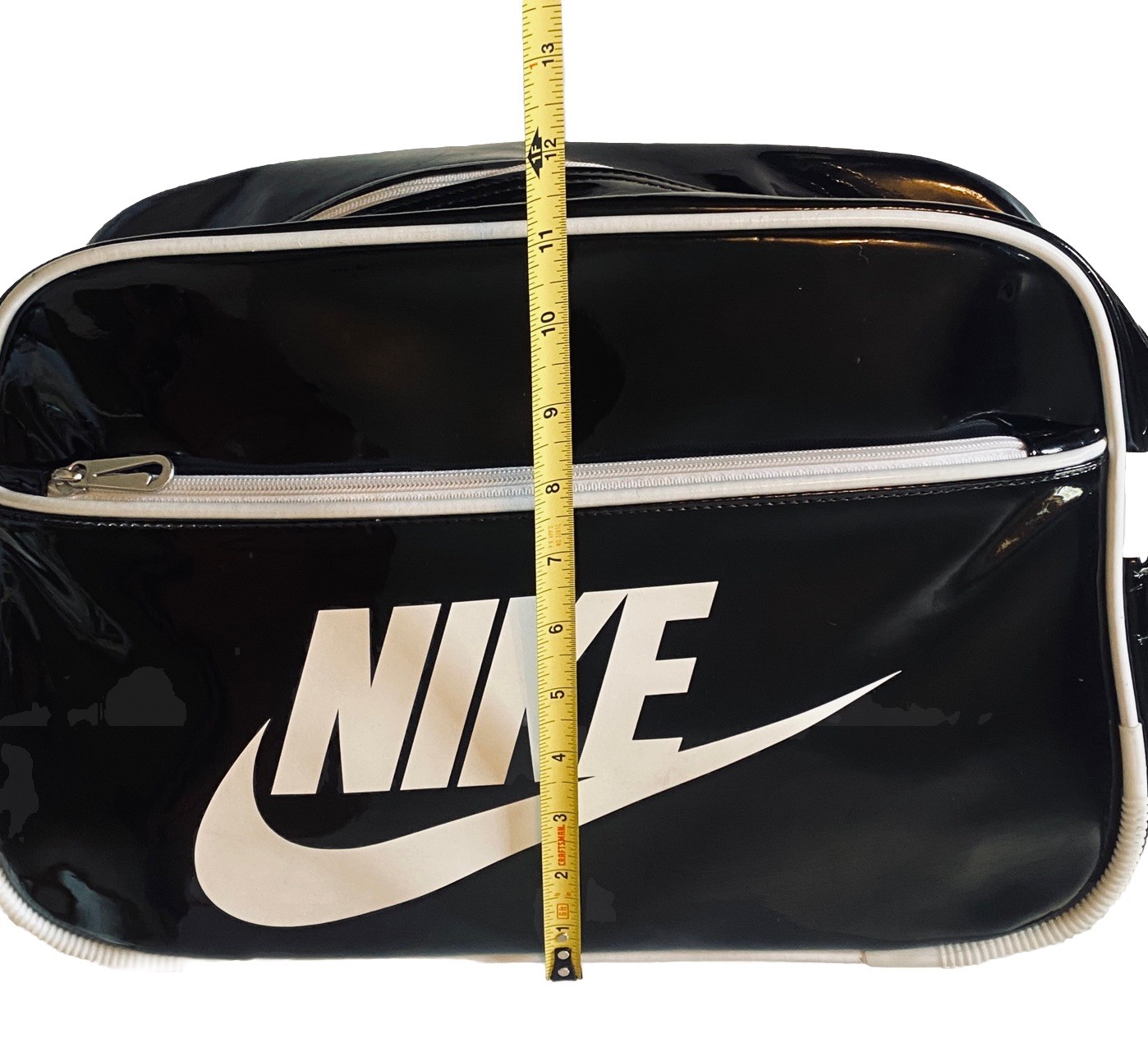 Vtg 90s Y2k Nike Patent Leather Messenger Gym Bag Side Body Black White Swoosh