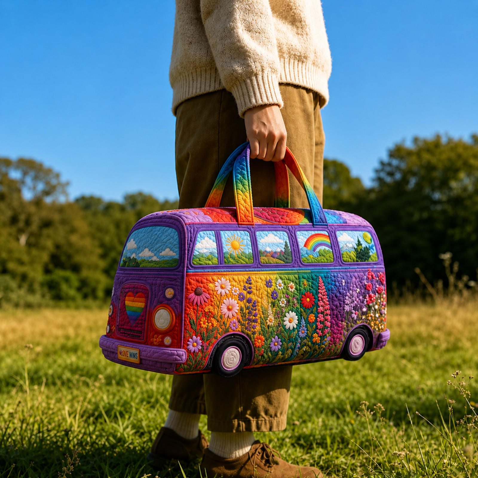 Personalized Hippie Camper Van Travel Bag, Custom Quilted Duffel Bag