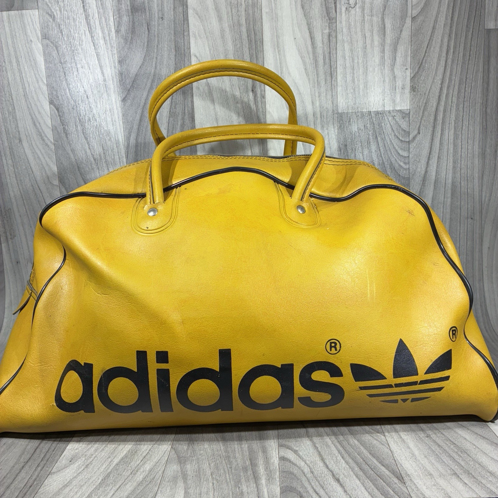 Vintage Adidas 70s Yellow Faux Leather Duffle Bag Gym Yugoslavia Trefoil Rare