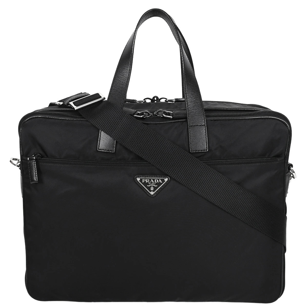 PRADA Triangle Logo 2Way Business Bag Briefcase Nylon Leather Black Silver