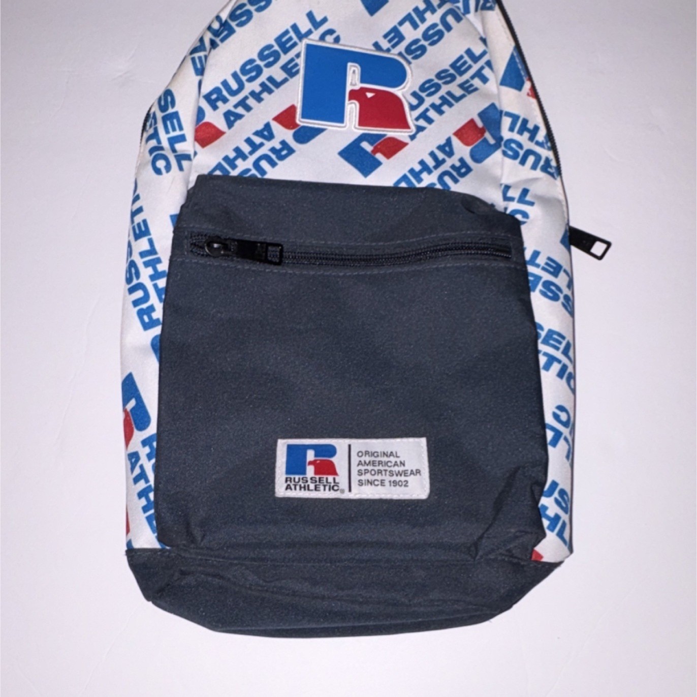 Russell Athletic Unisex Sling Bag Navy/White Logo Print Zip Shoulder Strap