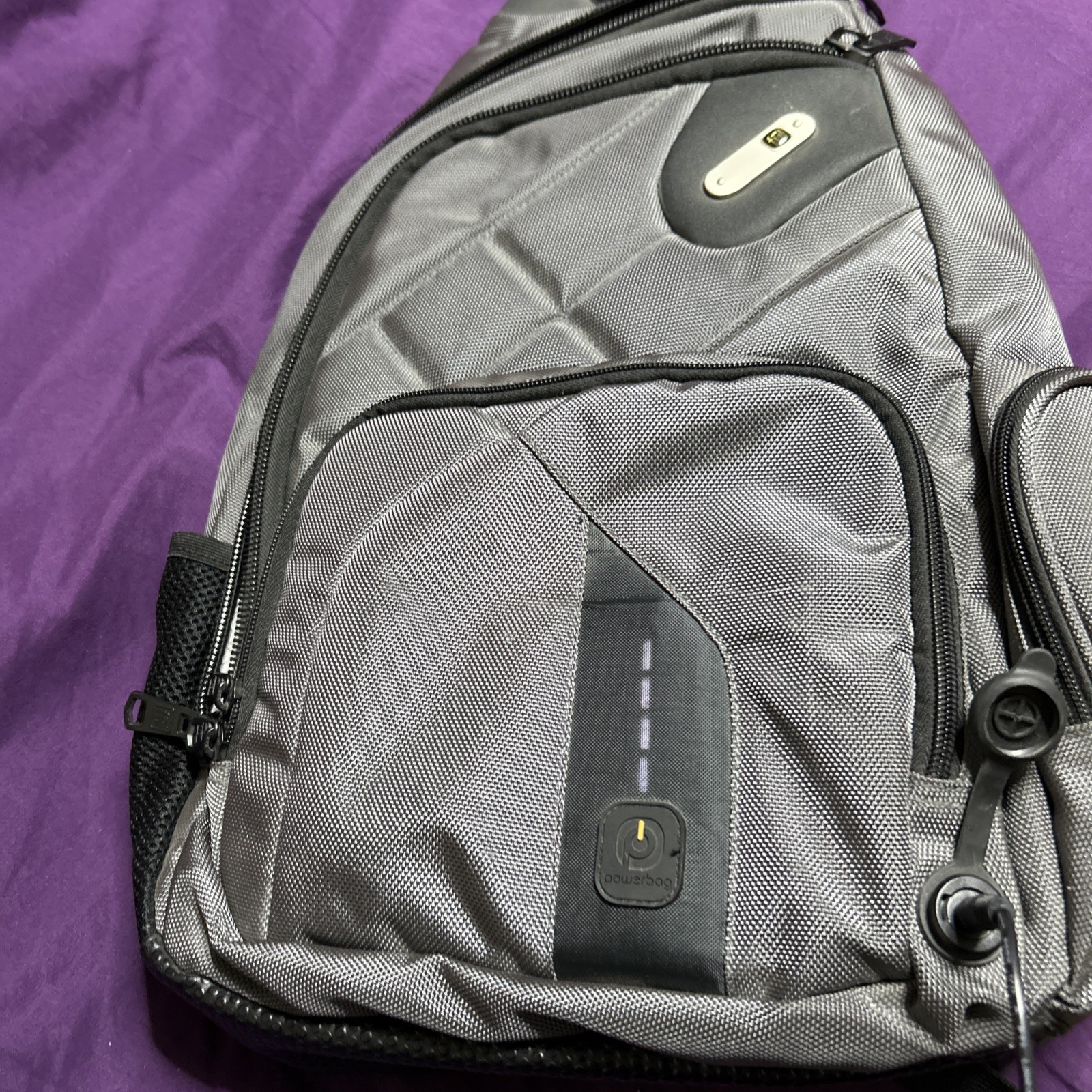 Powerbag Gray Sling Backpack Crossbody w/ Powerbank, Zip Pockets Travel