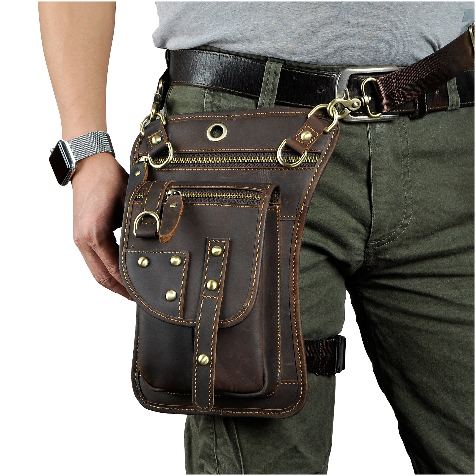 Mens Waist Pack Messenger Shoulder Bag Genuine Leather Motorcycle Drop Leg Bag