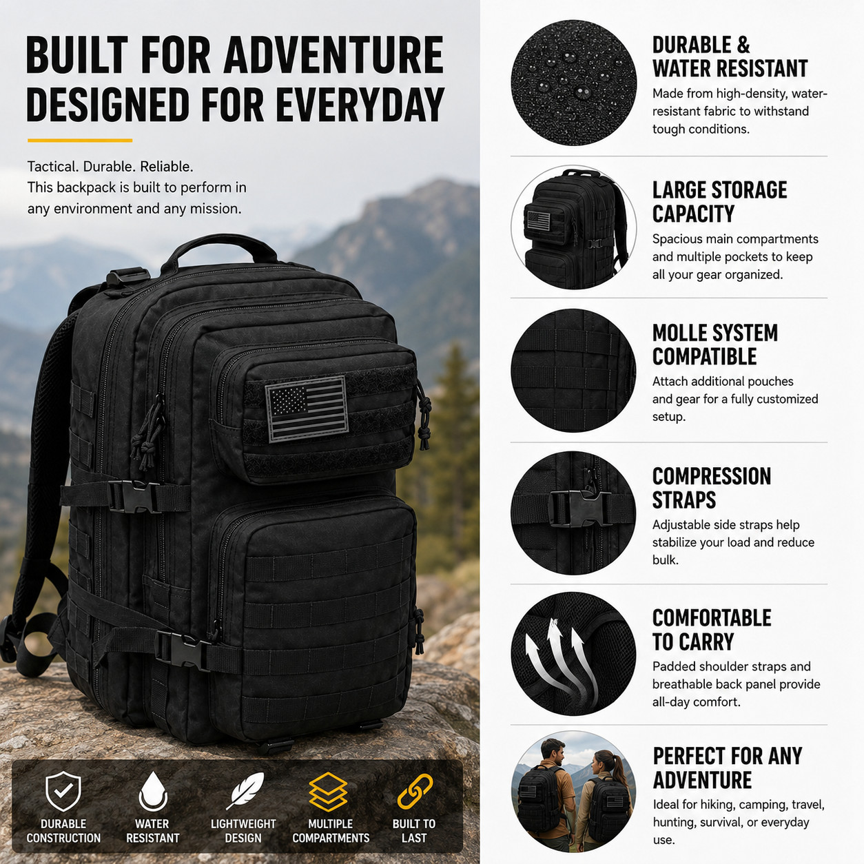 40L Military Tactical Backpack Molle Army 3 Day Assault Pack Outdoor Travel Bag