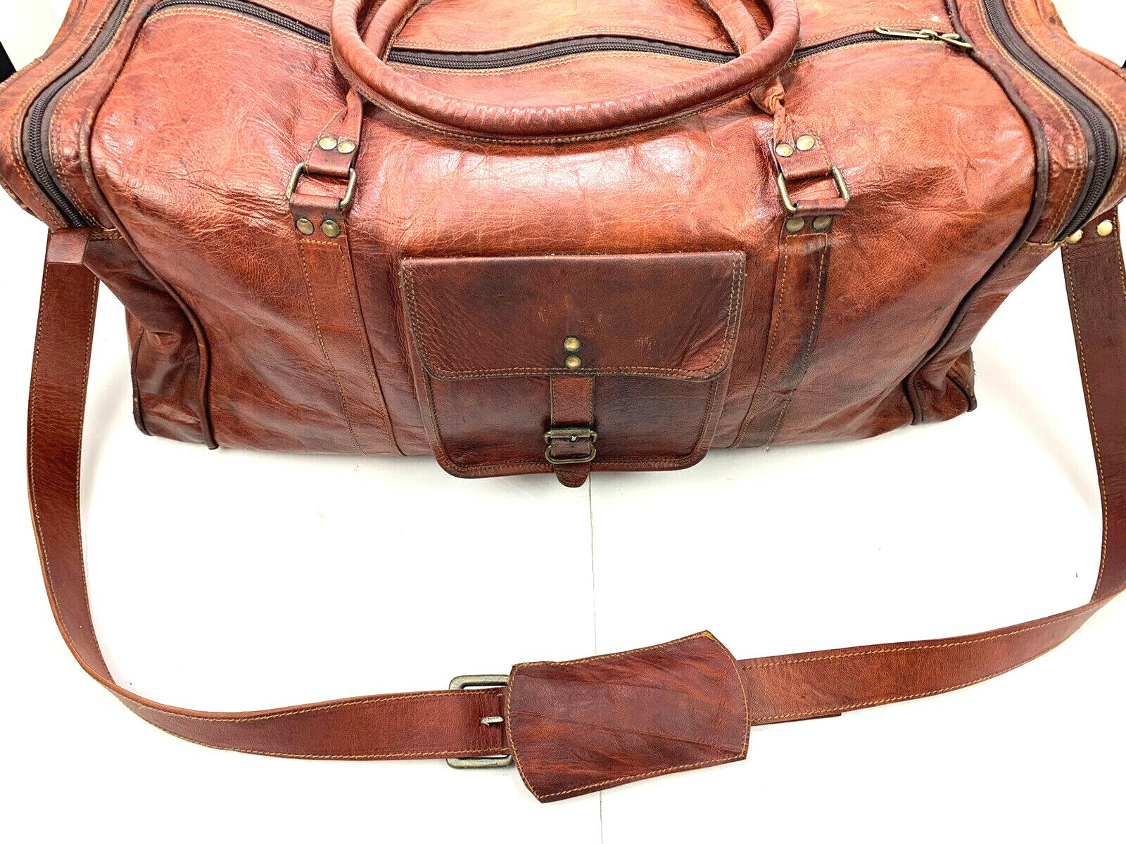 Condor British Brown Leather 2 Side Compartments & Zipper Duffel, Gym Bag VTG