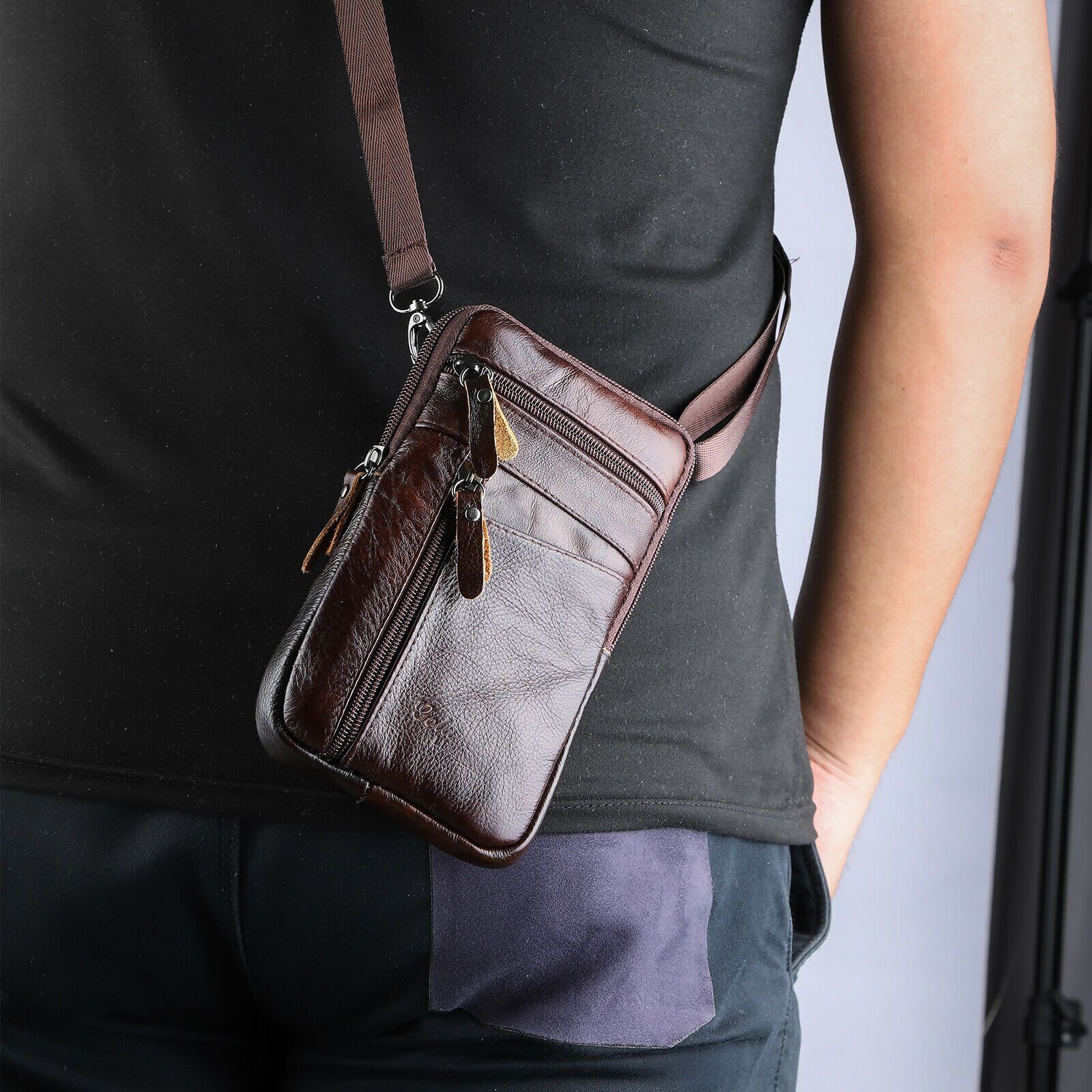 Men Leather Phone Pouch Belt Bag Shoulder Fashion Crossbody Waist Pack Handbag