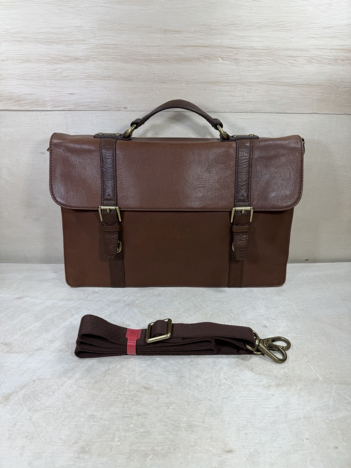 Fossil Thompson Portfolio Leather Messenger Bag Classic Brown w/ Shoulder Strap
