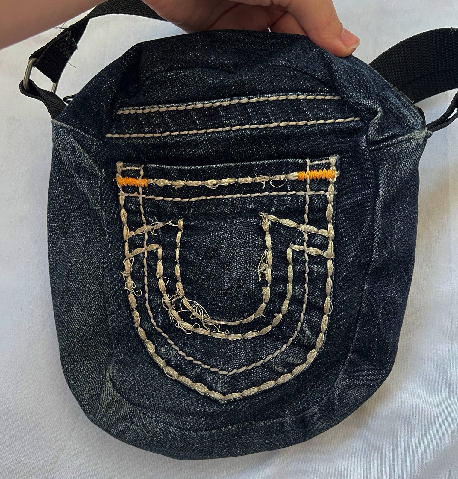 Custom Upcycled True Religion Denim Messenger Bag Y2K Bobby Buddha Patch Crossbo