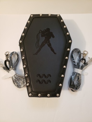 Black Coffin Style Gothic Backpack w/ Embroidered Aquarius Zodiac & Metal Studs