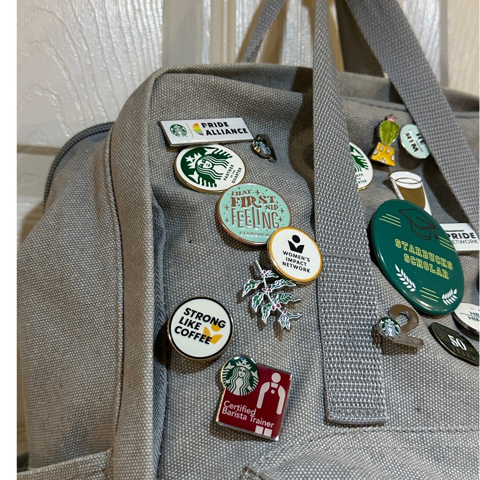 Starbucks Coffee Gray Canvas Backpack with Assorted Enamel Partner Pins Bundle