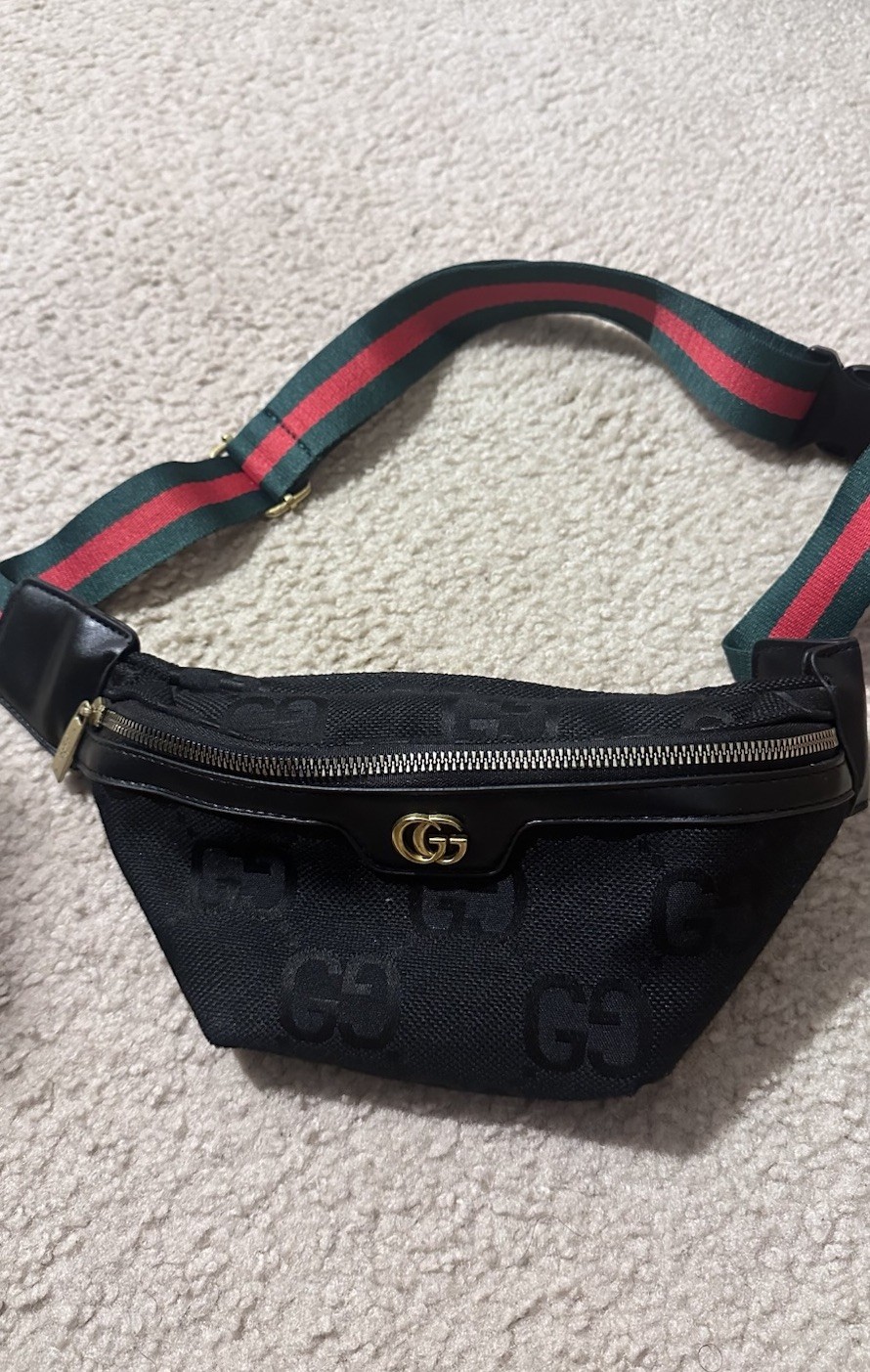Gucci Black GG Logo Belt Bag Fanny Pack Green-Red Web Strap Zip Adjustable