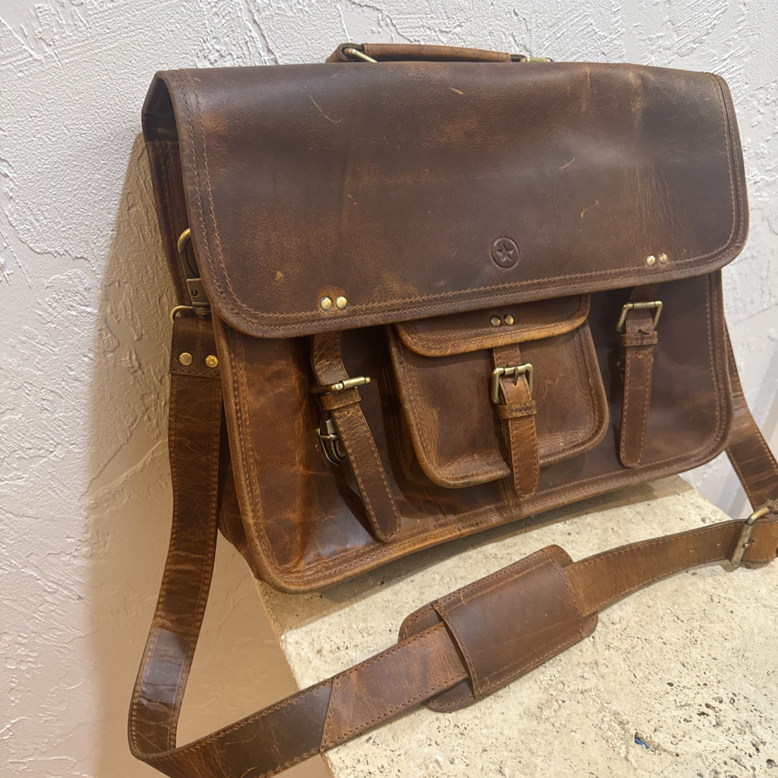Aaron Leather Goods Messenger Side Bag 18×14 Buffalo Distressed Brown Laptop