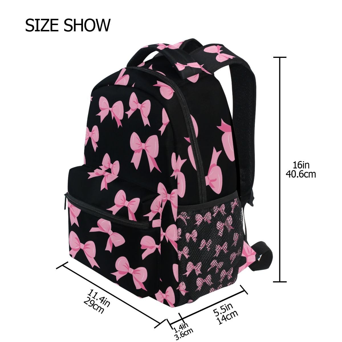 Pink Bow Black Backpack Laptop Bookbag Casual Daypack For School Travel Work