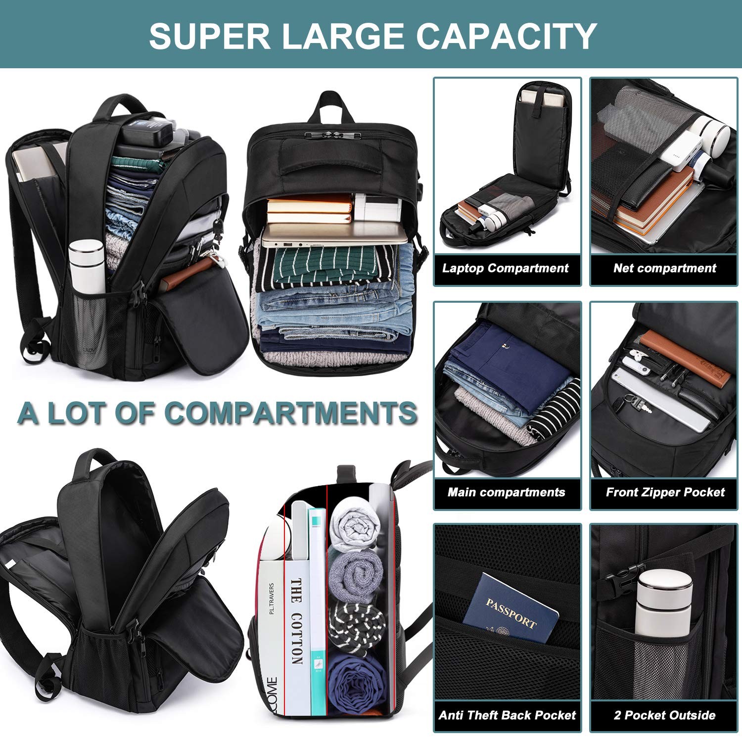 Extra Large Backpack for Men 50L,Water Resistant 17.3 inch Travel Laptop Backpac