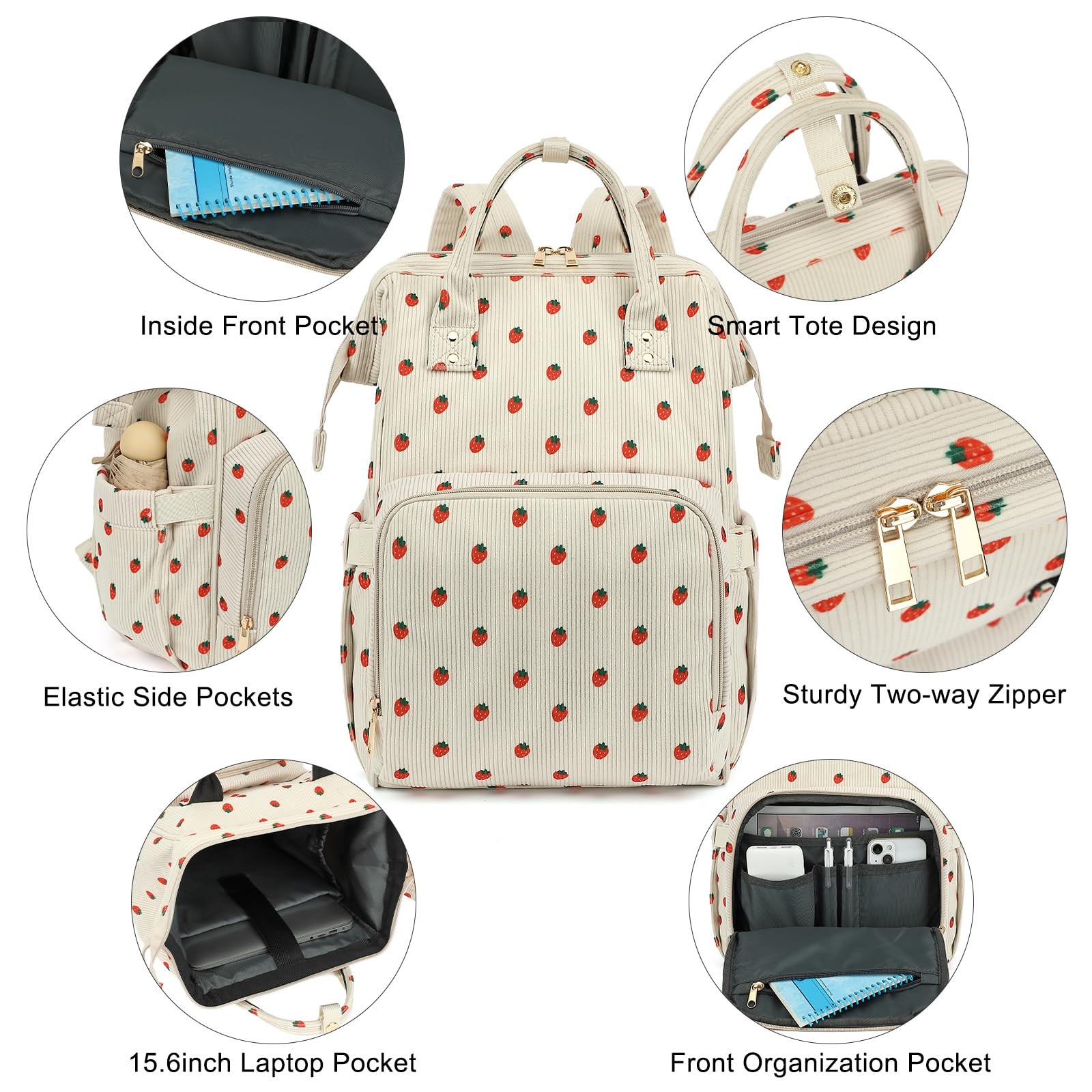 Beige Corduroy Strawberry Laptop Backpack Travel Casual Daypack School Girls
