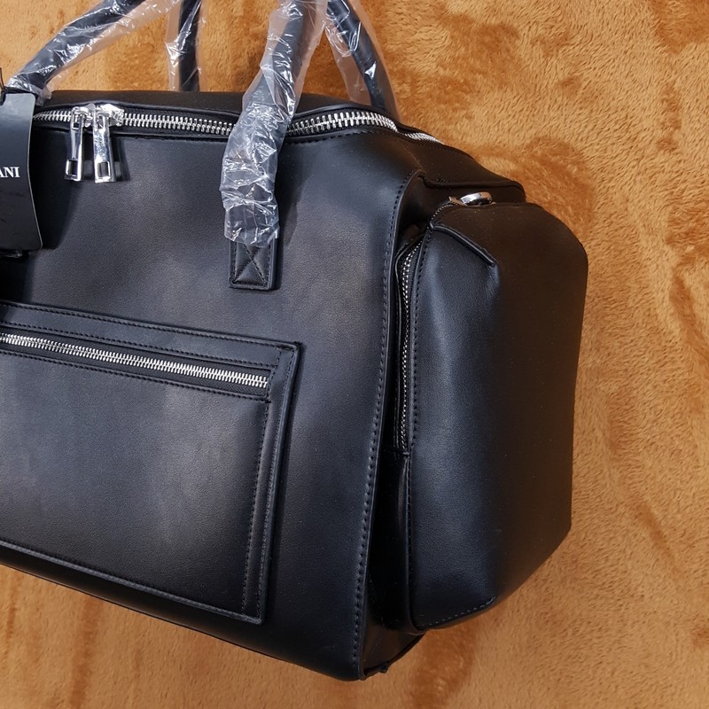 Alfani Mens Black Faux Leather Duffle Bag Travel Weekender Carry-On Gym Bag