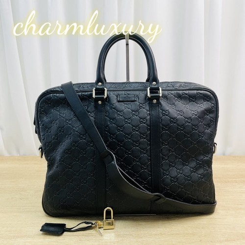 Gucci Signature Leather Briefcase Black GG Embossed Calfskin Top 2WAY Auth Good
