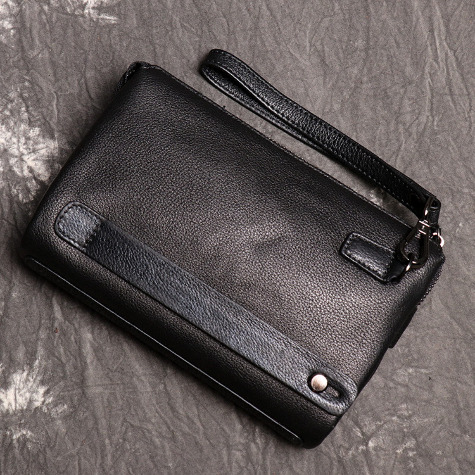 Mens Black Leather Wristlet Genuine Leather Clutch Bag Card Organizer