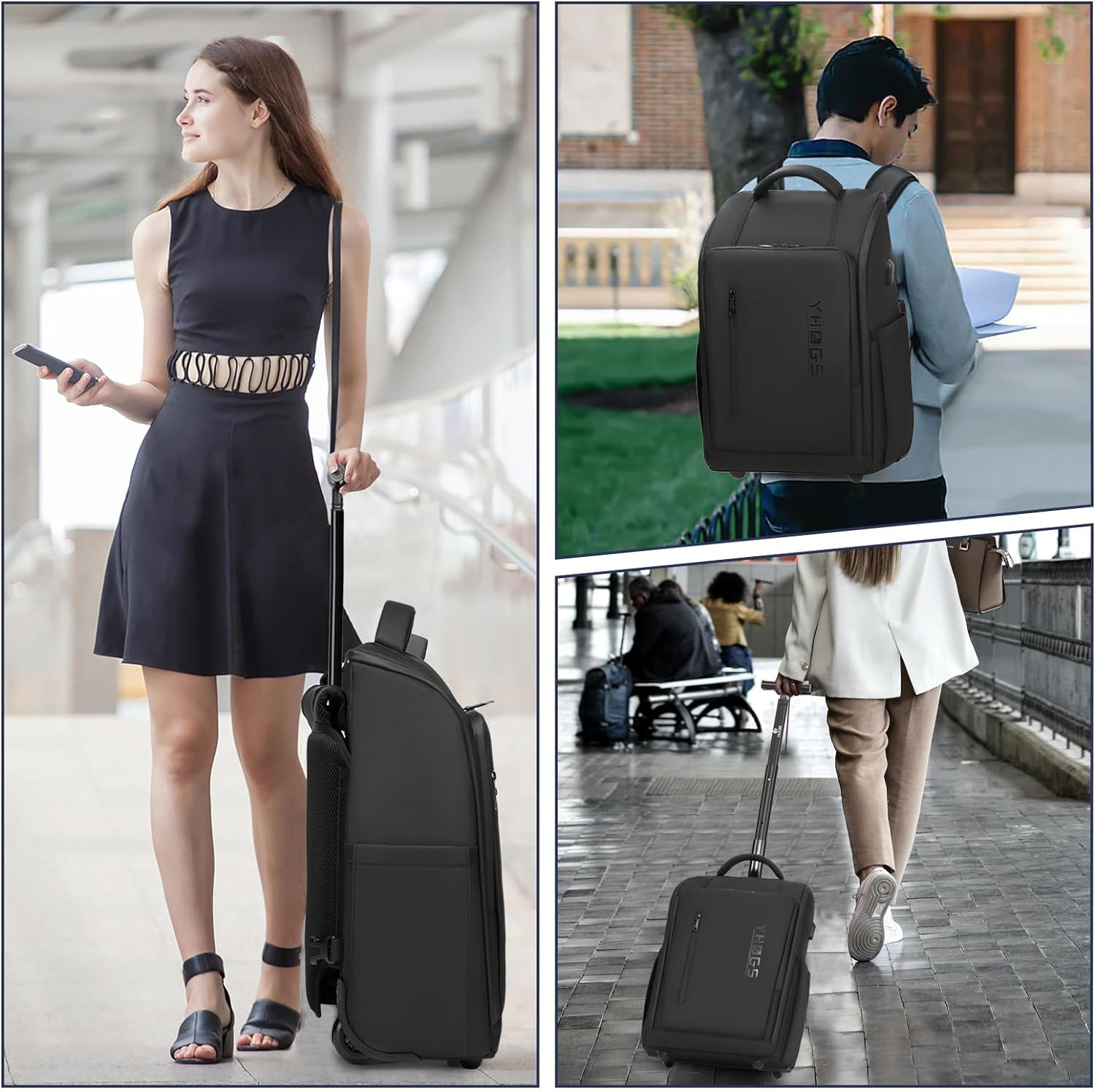 Rolling Backpack with Wheels Waterproof 15.6 Inch Laptop Carry On Travel Bag