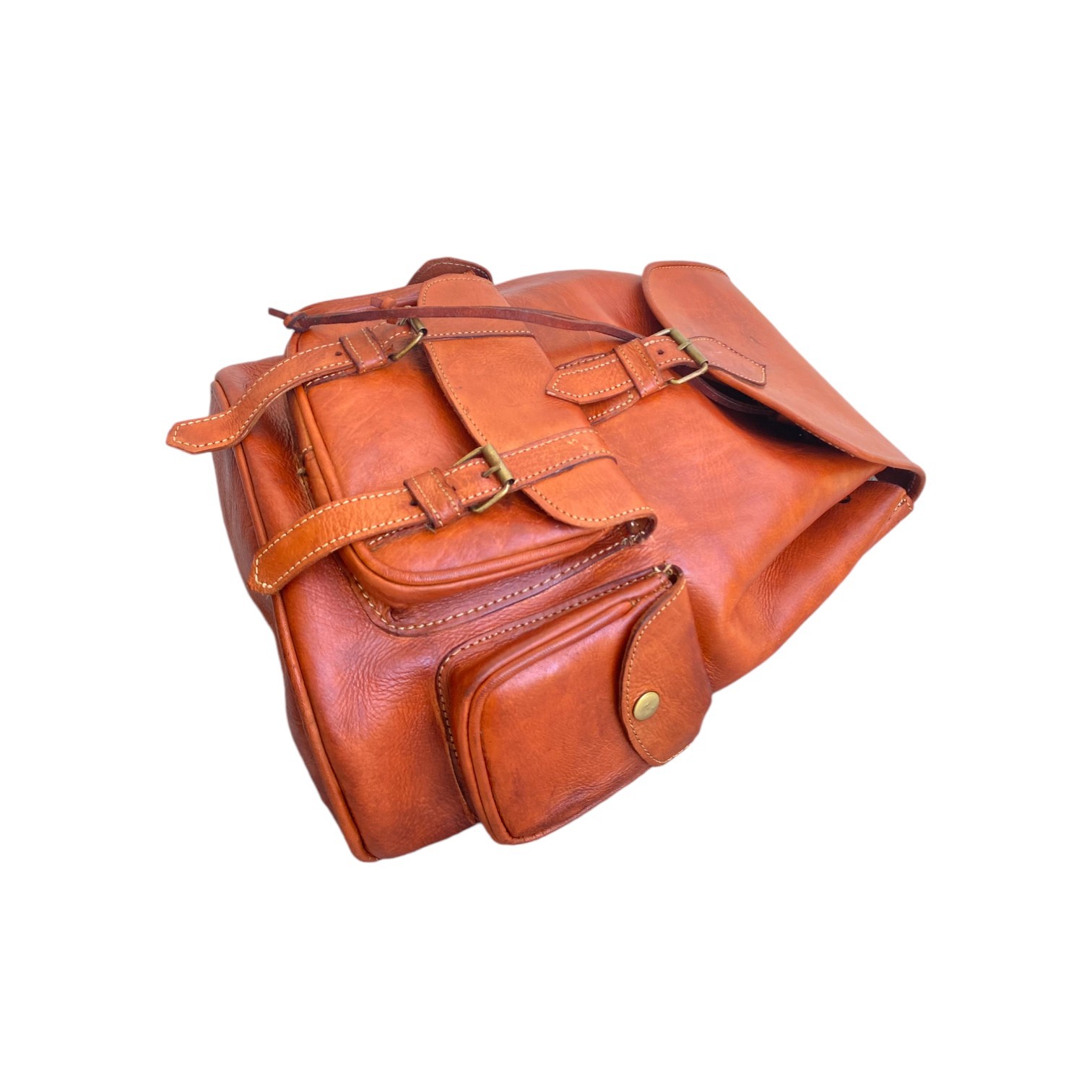 Cognac Leather Backpack Handmade Morocco 2 Pockets Genuine Leather Bag