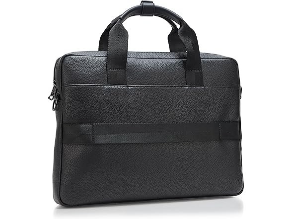 HUGO BOSS Stacked Logo Leather Briefcase Pitch Black Business Laptop Bag NWT