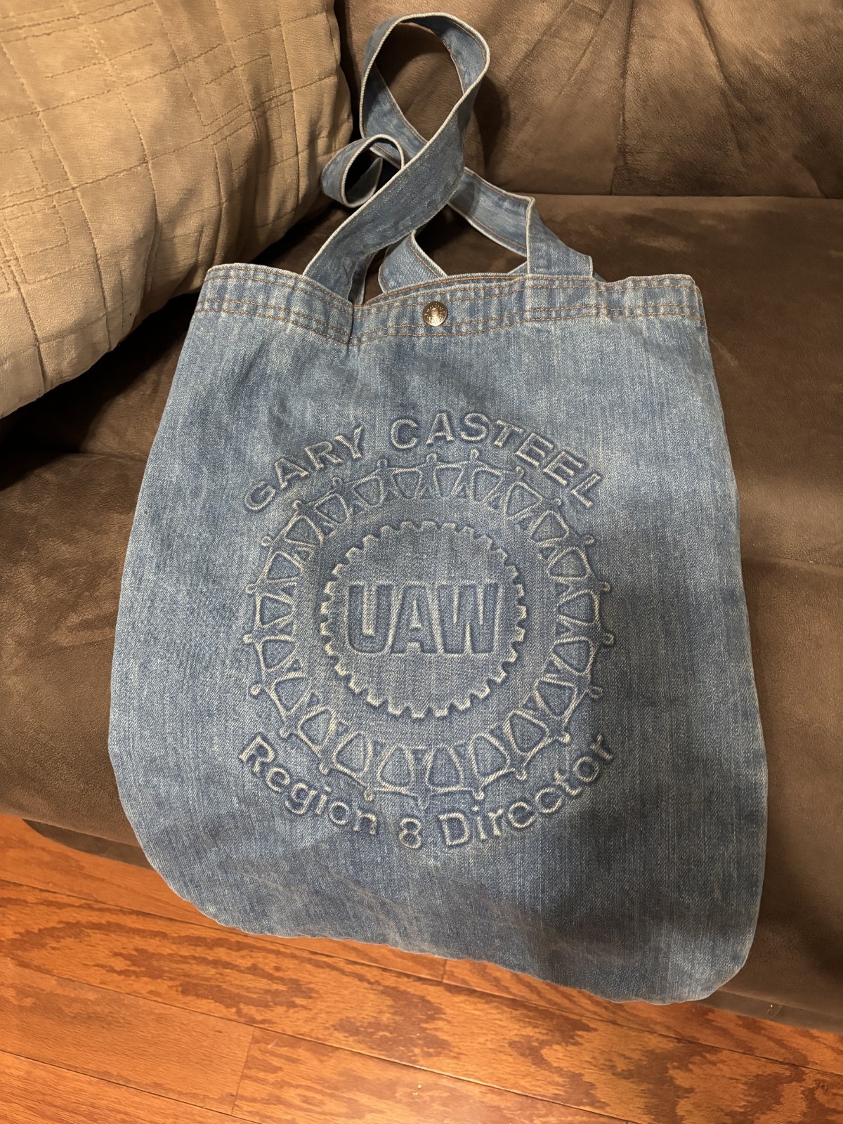 Vintage Made USA Denim Tote Bag UAW Raised Lettering United Auto Workers Union