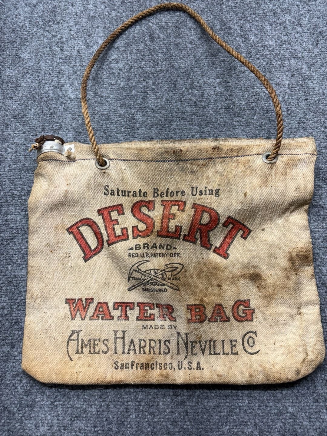 Vintage Desert Brand Water Bag Ames Harris Neville Co Canvas San Francisco USA