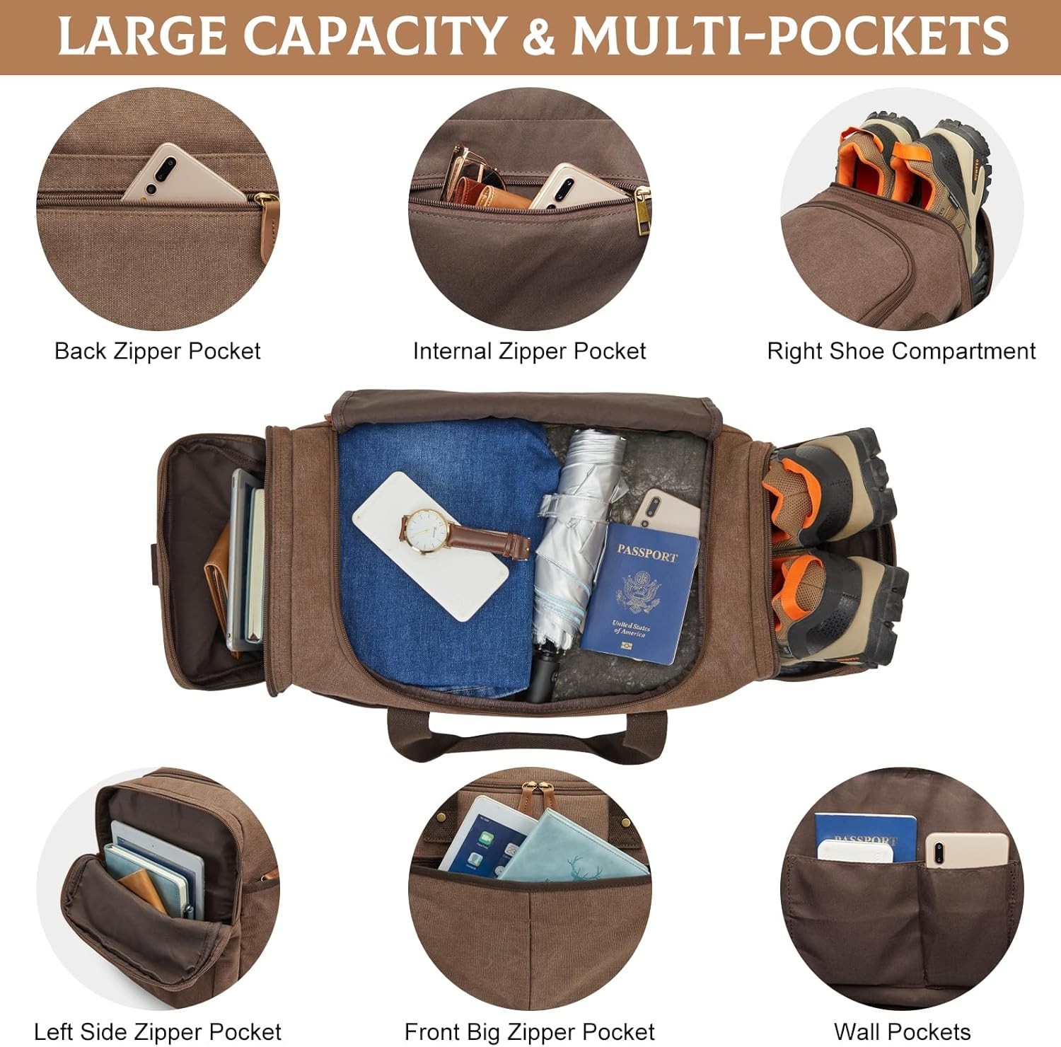 Large Canvas Duffel Bag with Shoe Compartment for Travel and Gym, Coffee Color