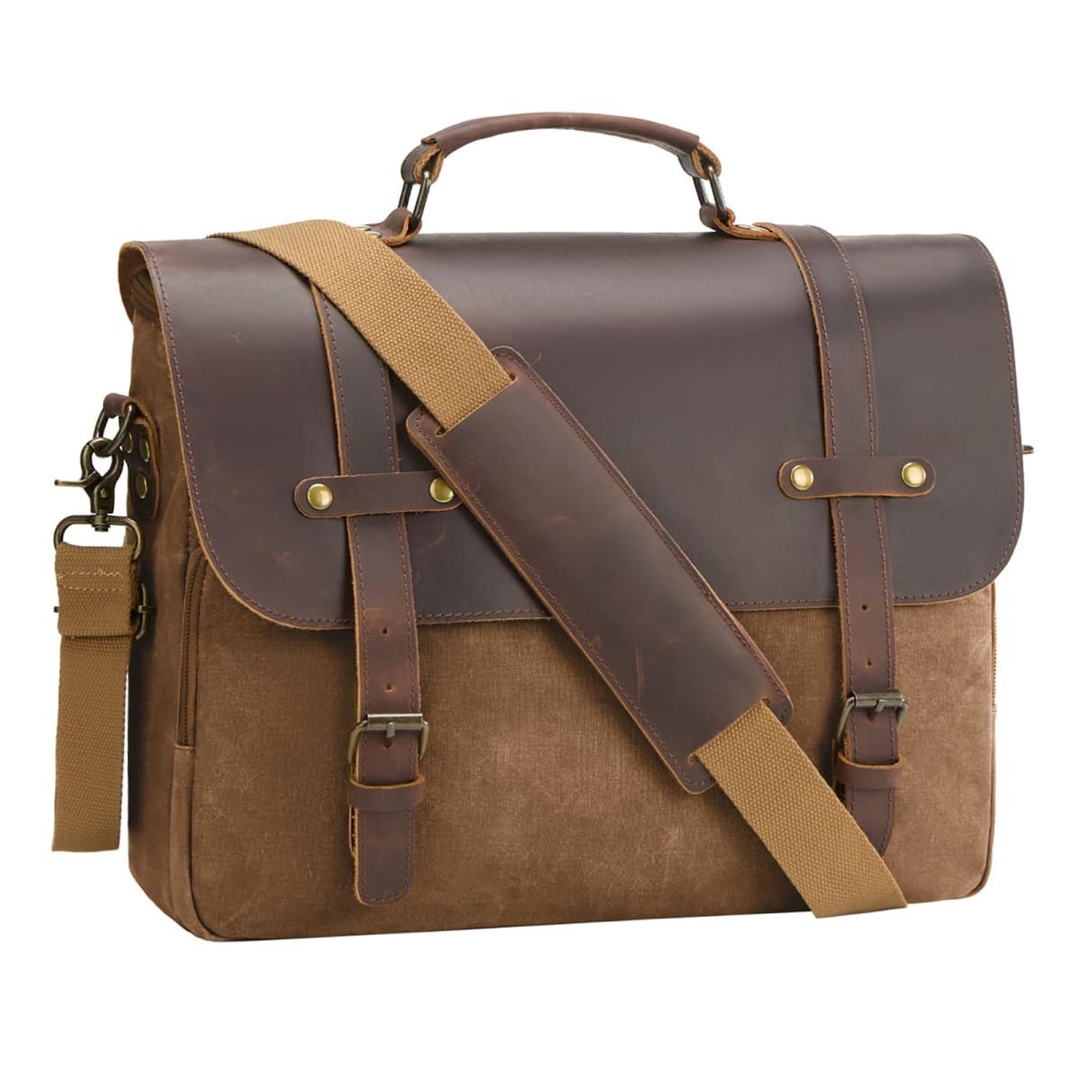 Men’s Messenger Bag Waxed Canvas Briefcase 16 Inch, Coffee NEHOR