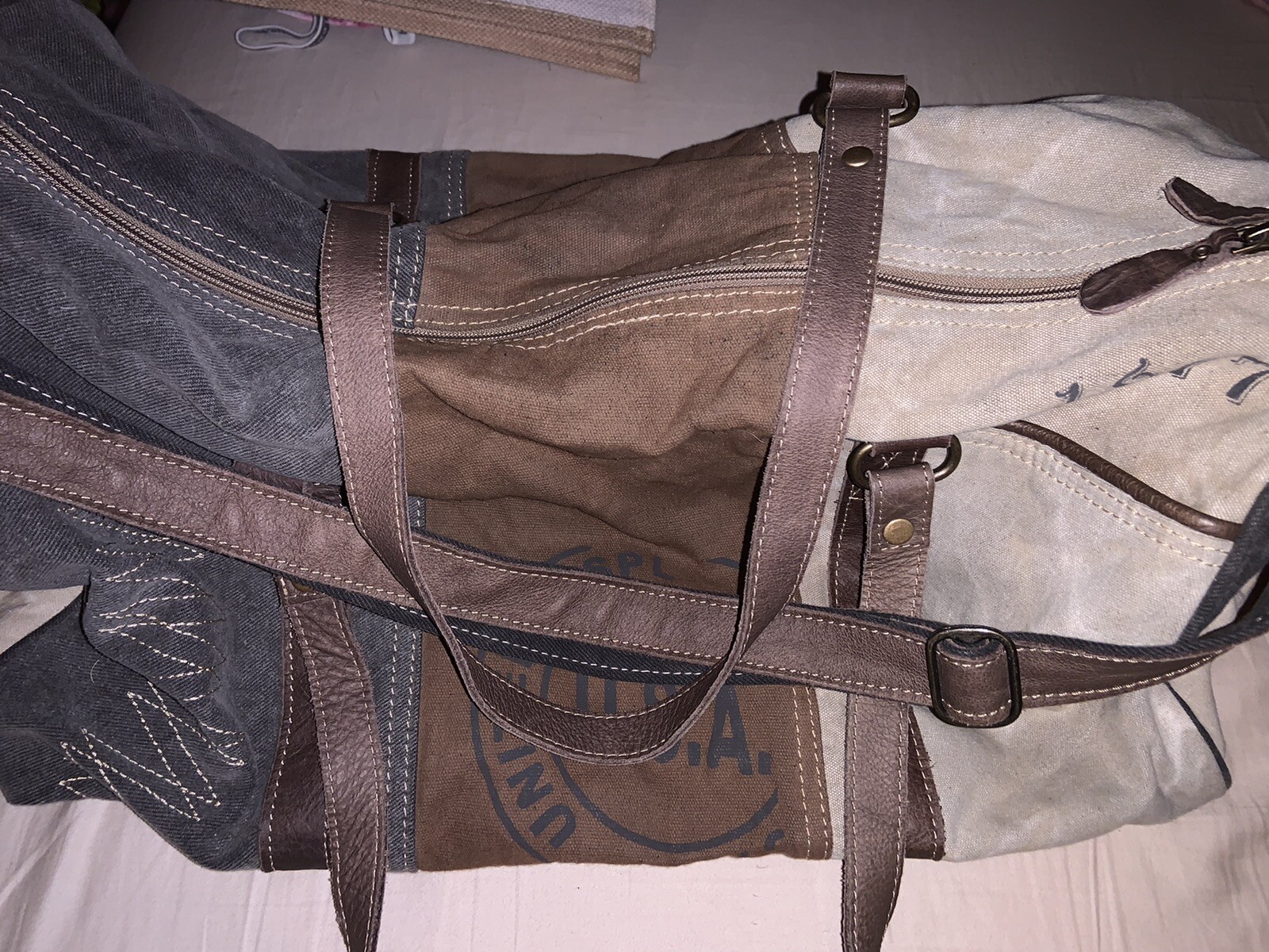 Neutral Tri Color CANVAS Duffle BAG Weekend Overnight Bag Myra NEW!!