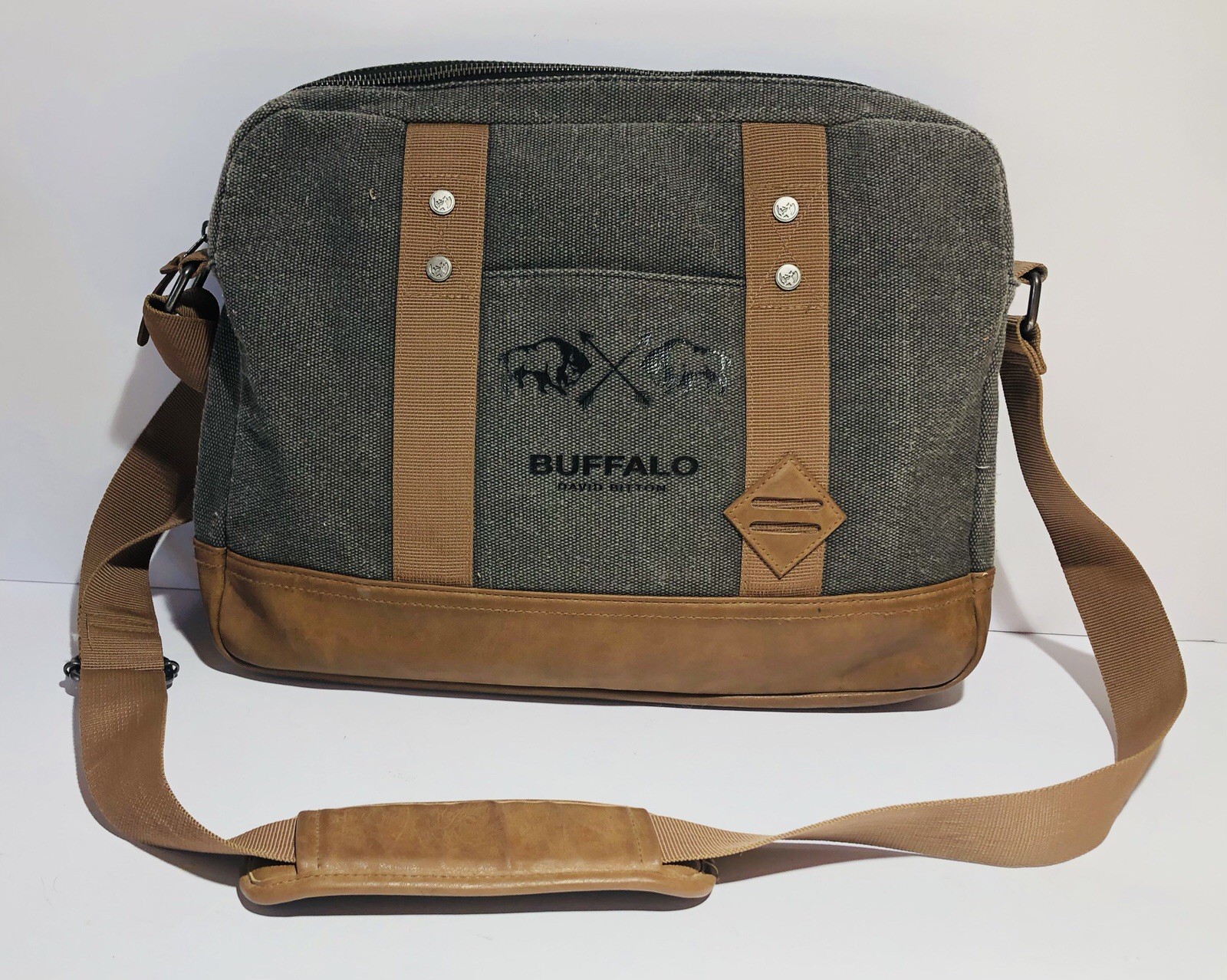 Buffalo David Bitton Messenger Laptop Tote Bag Canvas Leather Gray & Brown