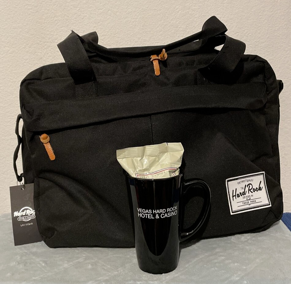 Hard Rock Hotel & Casino Las Vegas Soft Side Briefcase & Coffee Mug w/Bag Coffee