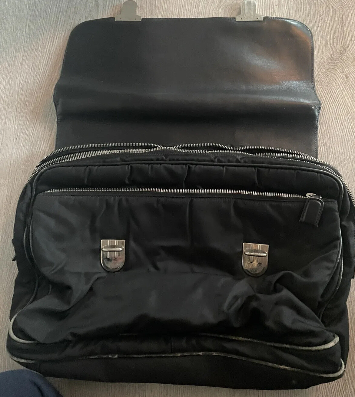 Prada Mens Single Handle Double Logo Clasp Large Briefcase Black Leather Nylon