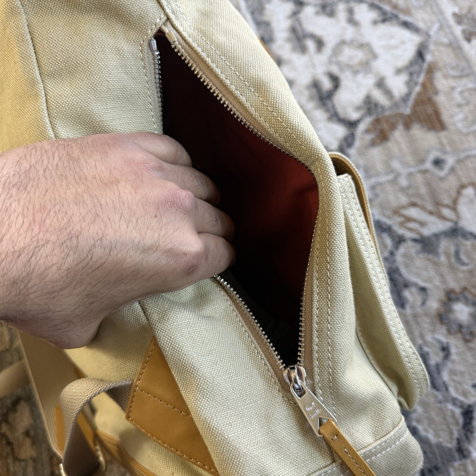 Paul Smith Canvas Backpack In Sand Beige Cotton Linen Blend Leather Trim $675