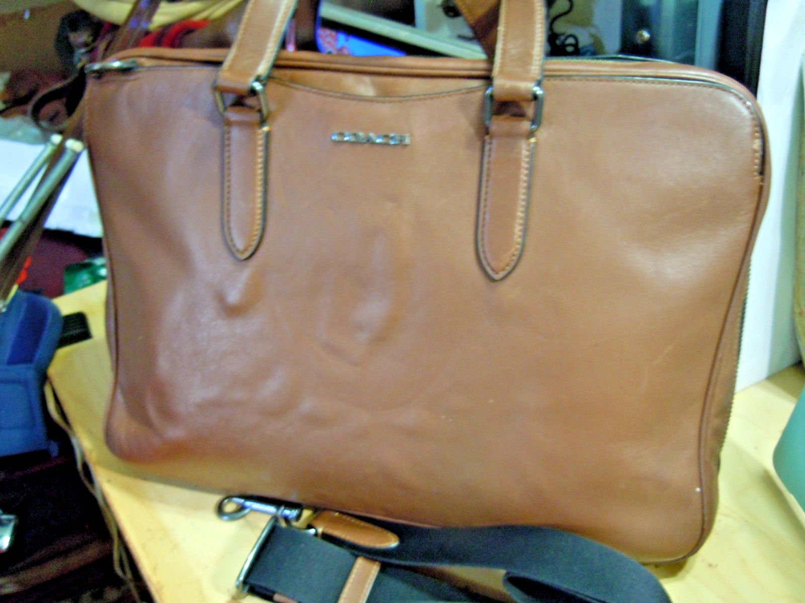 VTG Coach tan Belting Leather Attache Briefcase With Strap Slim